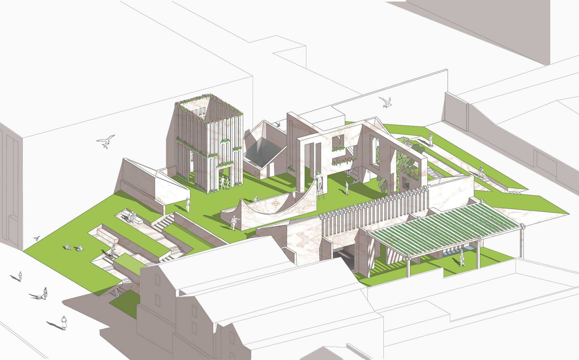 Axonometric of the proposed landscape which will hold safe spaces for victims of domestic abuse.