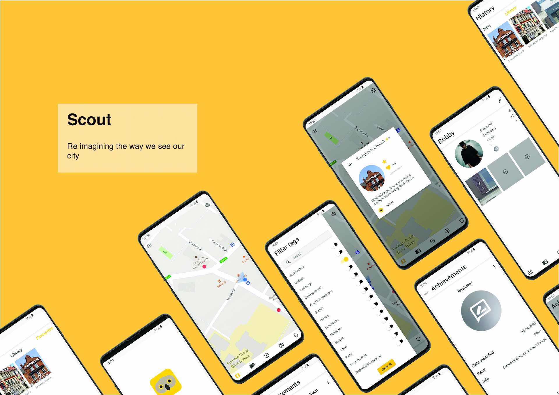 Scout is an app that allows users to capture and share their observations and knowledge to others. With use of GPS, users get notified in real time of any virtual stops near them. Each virtual stop contains images and information. There is a campaign mode that highlights places within the 32 borough's of London, the information is broken into bitesize pieces to help retain interest.
To view the entire project, please head over to chichungchan.com/work/scout